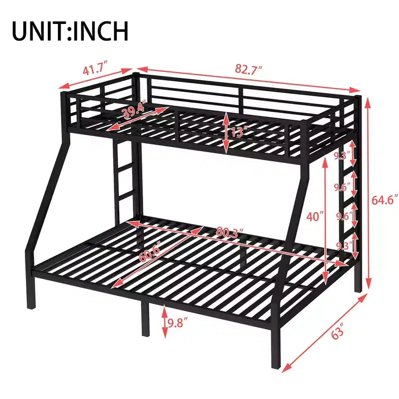 Metal Bunk Bed Twin XL over Queen with Guardrail for Kids and Teens