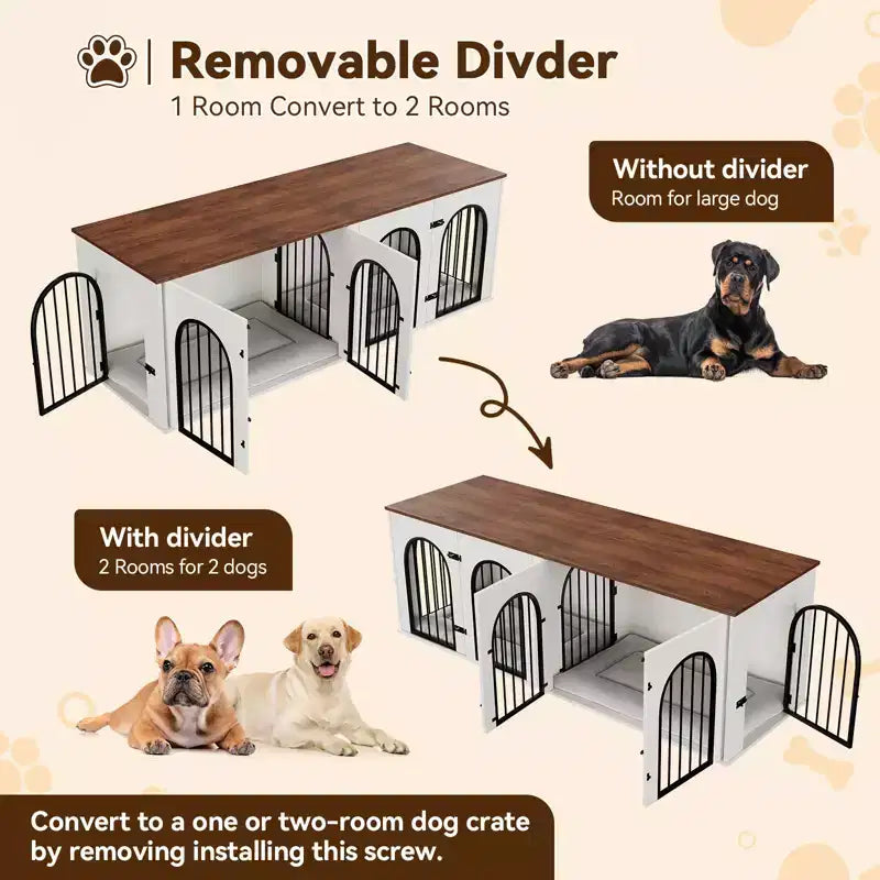 Meuble Double Niche pour Chien 71, Chenil en Bois pour 2 Chiens de Grande/Moyenne Taille avec Séparateur et Coussin