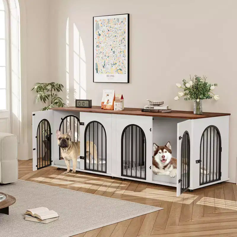 Meuble Double Niche pour Chien 71, Chenil en Bois pour 2 Chiens de Grande/Moyenne Taille avec Séparateur et Coussin