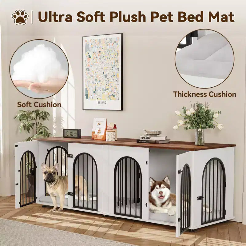Meuble Double Niche pour Chien 71, Chenil en Bois pour 2 Chiens de Grande/Moyenne Taille avec Séparateur et Coussin