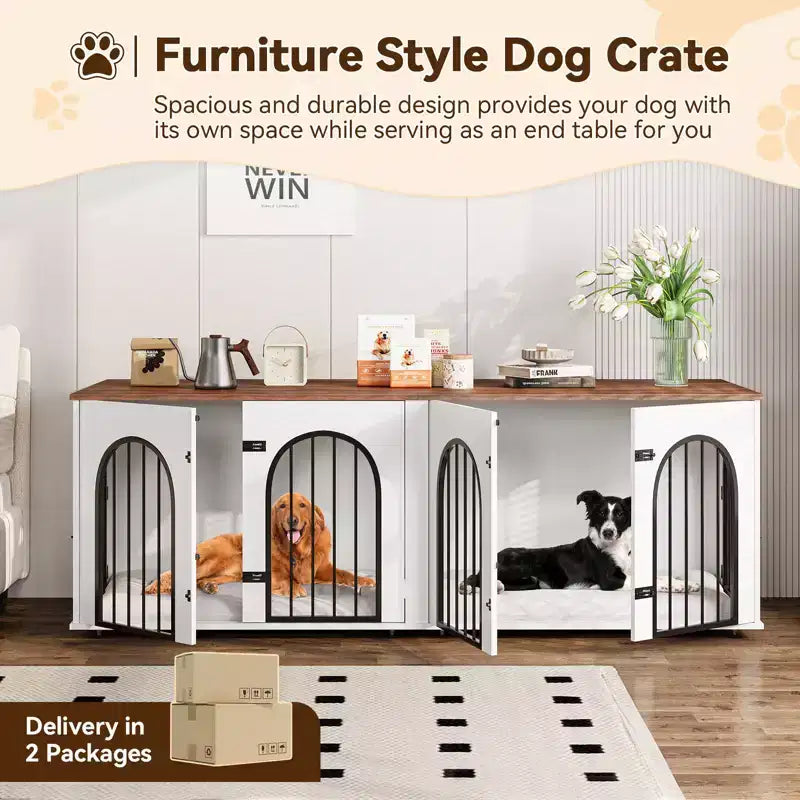 Meuble Double Niche pour Chien 71, Chenil en Bois pour 2 Chiens de Grande/Moyenne Taille avec Séparateur et Coussin