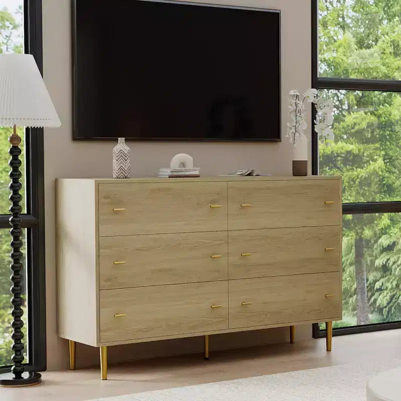 Commode à 6 tiroirs de 120 cm de large - Meuble de rangement en bois rustique avec poignées barre, capacité de 68 kg, design vintage