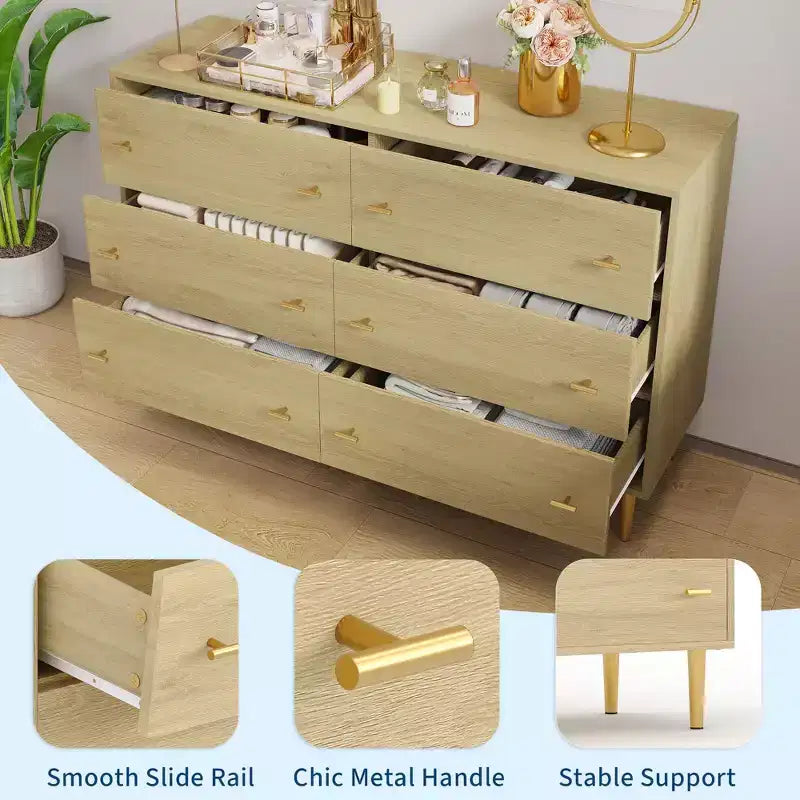 Commode à 6 tiroirs de 120 cm de large - Meuble de rangement en bois rustique avec poignées barre, capacité de 68 kg, design vintage
