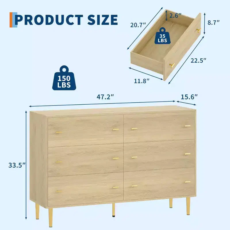 Commode à 6 tiroirs de 120 cm de large - Meuble de rangement en bois rustique avec poignées barre, capacité de 68 kg, design vintage