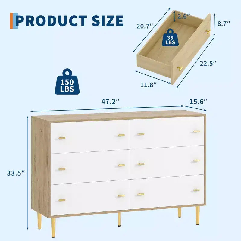 Commode à 6 tiroirs de 120 cm de large - Meuble de rangement en bois rustique avec poignées barre, capacité de 68 kg, design vintage