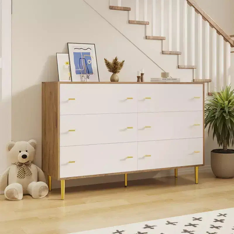 Commode à 6 tiroirs de 120 cm de large - Meuble de rangement en bois rustique avec poignées barre, capacité de 68 kg, design vintage