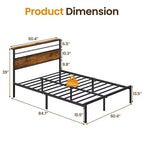 Cadre de lit Queen Size avec station de recharge, lit plateforme avec lattes métalliques, tête de lit rembourrée avec étagères de rangement, aucun sommier tapissier requis