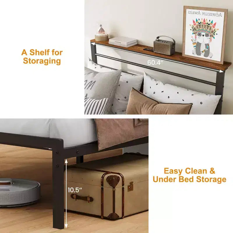 Cadre de lit Queen Size avec station de recharge, lit plateforme avec lattes métalliques, tête de lit rembourrée avec étagères de rangement, aucun sommier tapissier requis