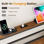 Cadre de lit Queen Size avec station de recharge, lit plateforme avec lattes métalliques, tête de lit rembourrée avec étagères de rangement, aucun sommier tapissier requis