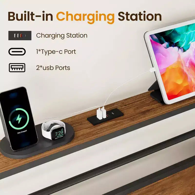 Cadre de lit Queen Size avec station de recharge, lit plateforme avec lattes métalliques, tête de lit rembourrée avec étagères de rangement, aucun sommier tapissier requis