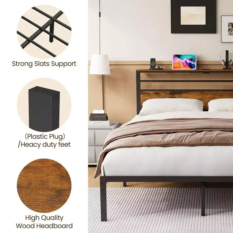 Cadre de lit Queen Size avec station de recharge, lit plateforme avec lattes métalliques, tête de lit rembourrée avec étagères de rangement, aucun sommier tapissier requis
