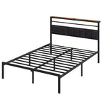Cadre de lit Queen Size avec station de recharge, lit plateforme avec lattes métalliques, tête de lit rembourrée avec étagères de rangement, aucun sommier tapissier requis