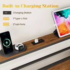 Cadre de lit Queen Size avec station de recharge, lit plateforme avec lattes métalliques, tête de lit rembourrée avec étagères de rangement, aucun sommier tapissier requis