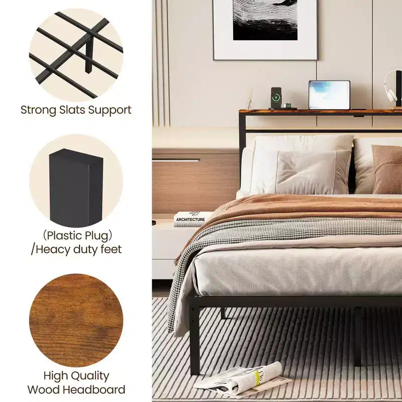 Cadre de lit Queen Size avec station de recharge, lit plateforme avec lattes métalliques, tête de lit rembourrée avec étagères de rangement, aucun sommier tapissier requis