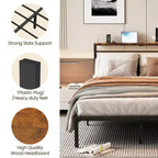 Cadre de lit Queen Size avec station de recharge, lit plateforme avec lattes métalliques, tête de lit rembourrée avec étagères de rangement, aucun sommier tapissier requis