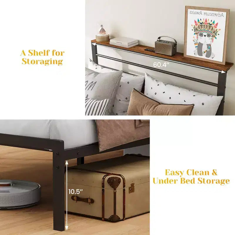 Cadre de lit Queen Size avec station de recharge, lit plateforme avec lattes métalliques, tête de lit rembourrée avec étagères de rangement, aucun sommier tapissier requis