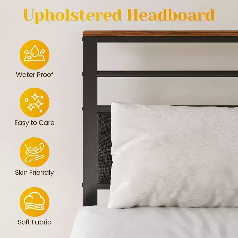 Cadre de lit Queen Size avec station de recharge, lit plateforme avec lattes métalliques, tête de lit rembourrée avec étagères de rangement, aucun sommier tapissier requis
