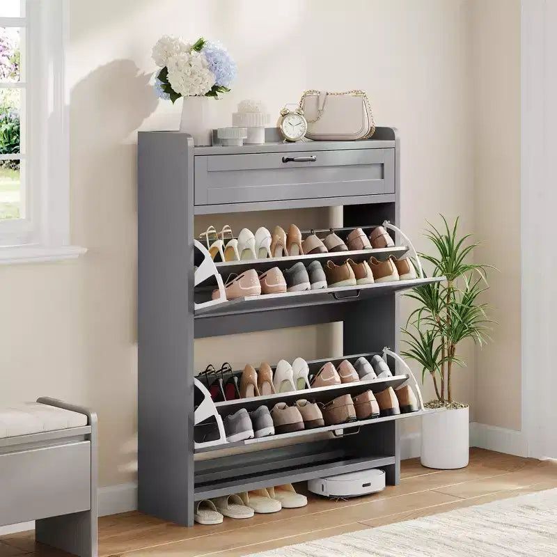 Meuble à chaussures vert laqué de 80 cm de large, avec 2 tiroirs abattants, organisateur autoportant avec rangement dissimulé pour entrée et couloir