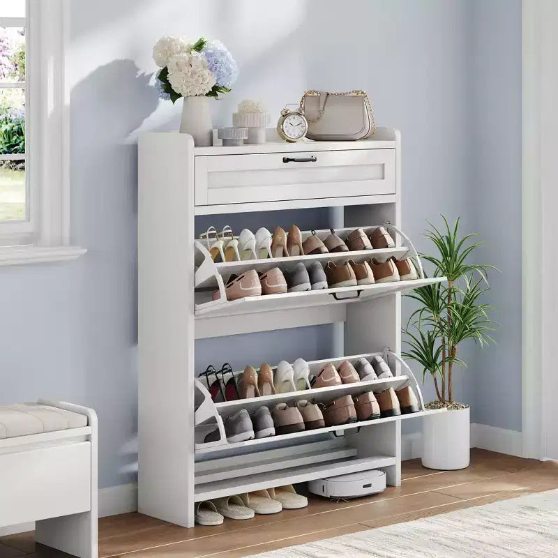 Meuble à chaussures vert laqué de 80 cm de large, avec 2 tiroirs abattants, organisateur autoportant avec rangement dissimulé pour entrée et couloir