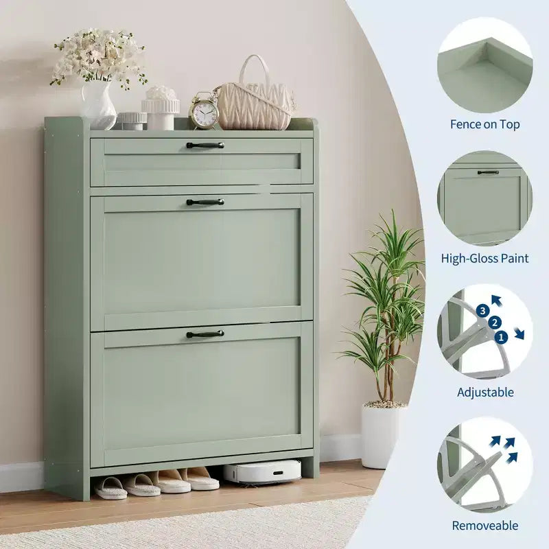 Meuble à chaussures vert laqué de 80 cm de large, avec 2 tiroirs abattants, organisateur autoportant avec rangement dissimulé pour entrée et couloir