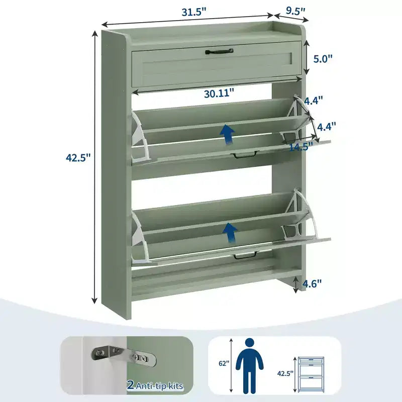 Meuble à chaussures vert laqué de 80 cm de large, avec 2 tiroirs abattants, organisateur autoportant avec rangement dissimulé pour entrée et couloir