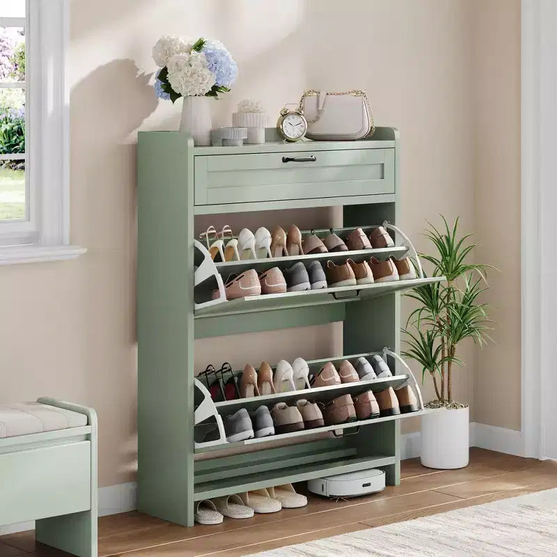 Meuble à chaussures vert laqué de 80 cm de large, avec 2 tiroirs abattants, organisateur autoportant avec rangement dissimulé pour entrée et couloir