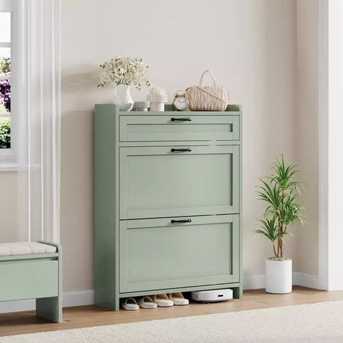 31.5'' Wide High-Gloss Green Shoe Cabinet, with 2 Fold Drawers, Freestanding Organizer with Hidden Storage for Entryway & Hallway