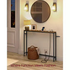 VASAGLE Console Table avec Prise Électrique, Table d'appoint Slim pour Canapé, 15 x 100 x 80 cm, 1 Crochet, Montage Facile, Marron Rustique et Noir Encre
