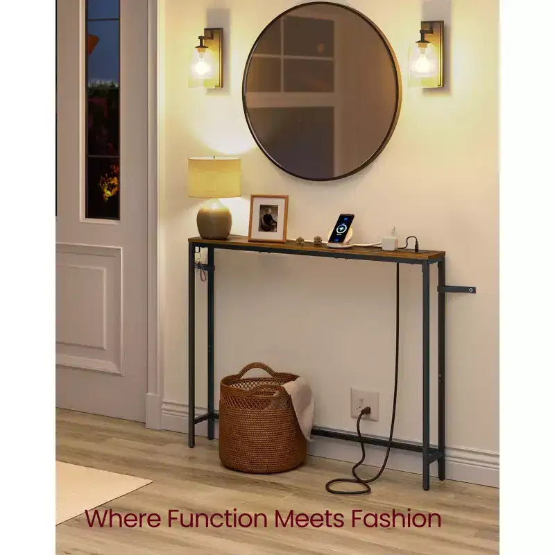VASAGLE Console Table avec Prise Électrique, Table d'appoint Slim pour Canapé, 15 x 100 x 80 cm, 1 Crochet, Montage Facile, Marron Rustique et Noir Encre