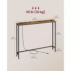 VASAGLE Console Table avec Prise Électrique, Table d'appoint Slim pour Canapé, 15 x 100 x 80 cm, 1 Crochet, Montage Facile, Marron Rustique et Noir Encre