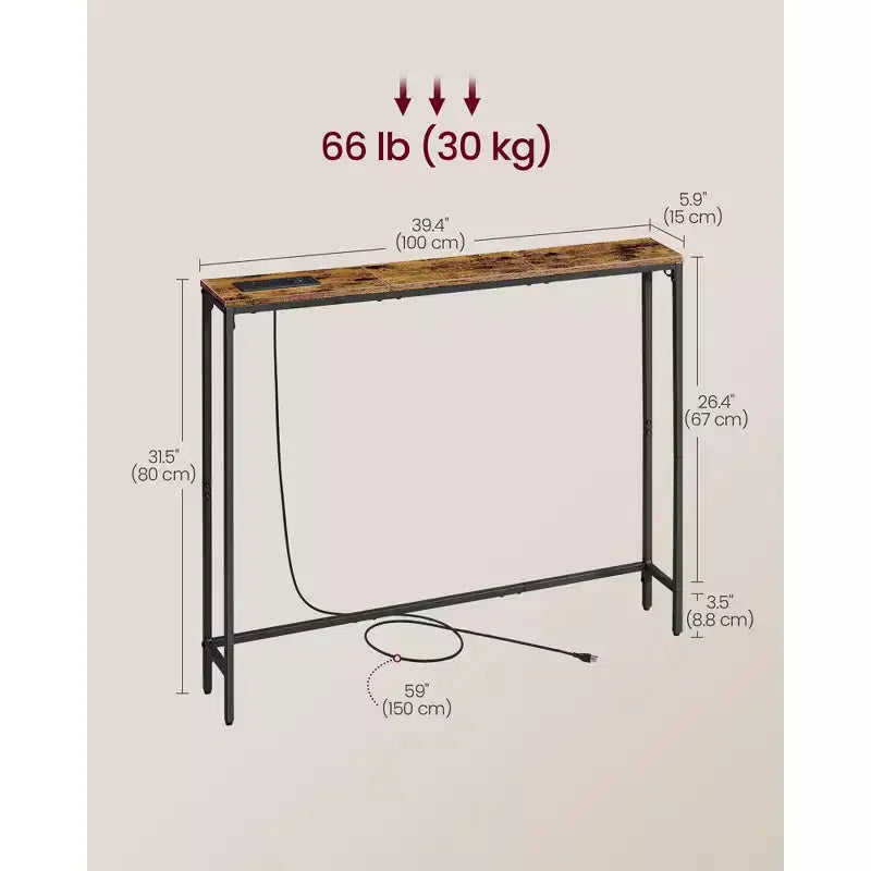 VASAGLE Console Table avec Prise Électrique, Table d'appoint Slim pour Canapé, 15 x 100 x 80 cm, 1 Crochet, Montage Facile, Marron Rustique et Noir Encre