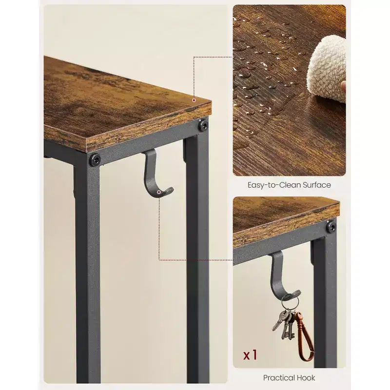 VASAGLE Console Table avec Prise Électrique, Table d'appoint Slim pour Canapé, 15 x 100 x 80 cm, 1 Crochet, Montage Facile, Marron Rustique et Noir Encre