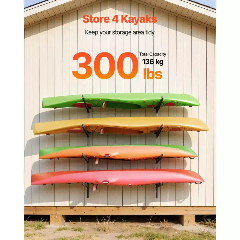 VEVOR Support de Rangement pour 4 Kayaks, Capacité de 136 kg, Support Mural Réglable Robuste pour Intérieur, Extérieur, Garage, Abri, Quai, Noir