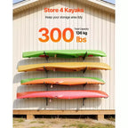 VEVOR Support de Rangement pour 4 Kayaks, Capacité de 136 kg, Support Mural Réglable Robuste pour Intérieur, Extérieur, Garage, Abri, Quai, Noir