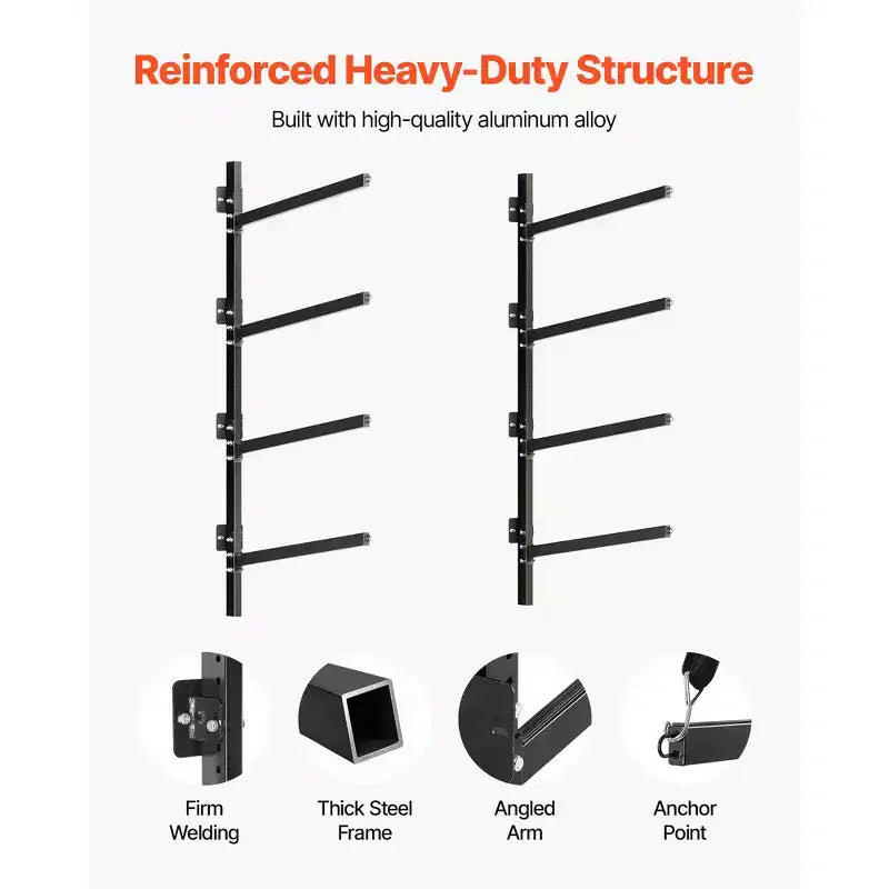 VEVOR Support de Rangement pour 4 Kayaks, Capacité de 136 kg, Support Mural Réglable Robuste pour Intérieur, Extérieur, Garage, Abri, Quai, Noir
