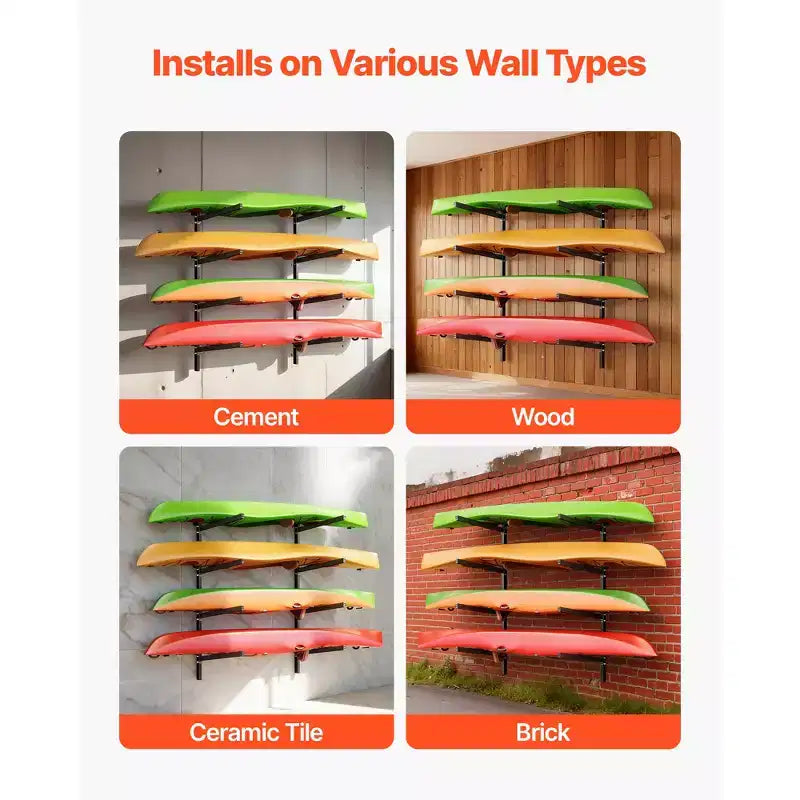 VEVOR Support de Rangement pour 4 Kayaks, Capacité de 136 kg, Support Mural Réglable Robuste pour Intérieur, Extérieur, Garage, Abri, Quai, Noir