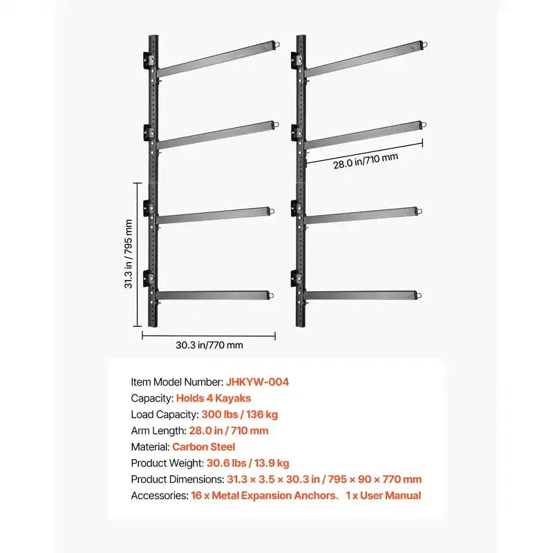 VEVOR Support de Rangement pour 4 Kayaks, Capacité de 136 kg, Support Mural Réglable Robuste pour Intérieur, Extérieur, Garage, Abri, Quai, Noir