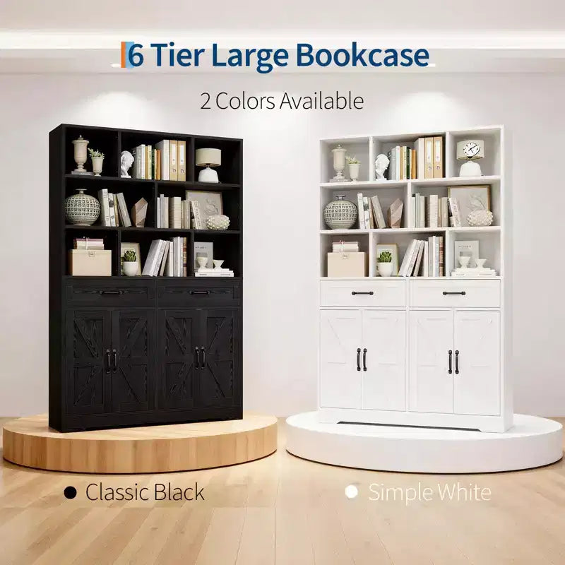 Acekool Étagère 6 Niveaux de 180 cm avec 8 Niches, 2 Tiroirs, 4 Portes pour Salon et Bureau