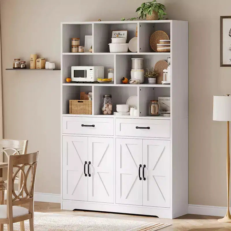 Acekool Étagère 6 Niveaux de 180 cm avec 8 Niches, 2 Tiroirs, 4 Portes pour Salon et Bureau