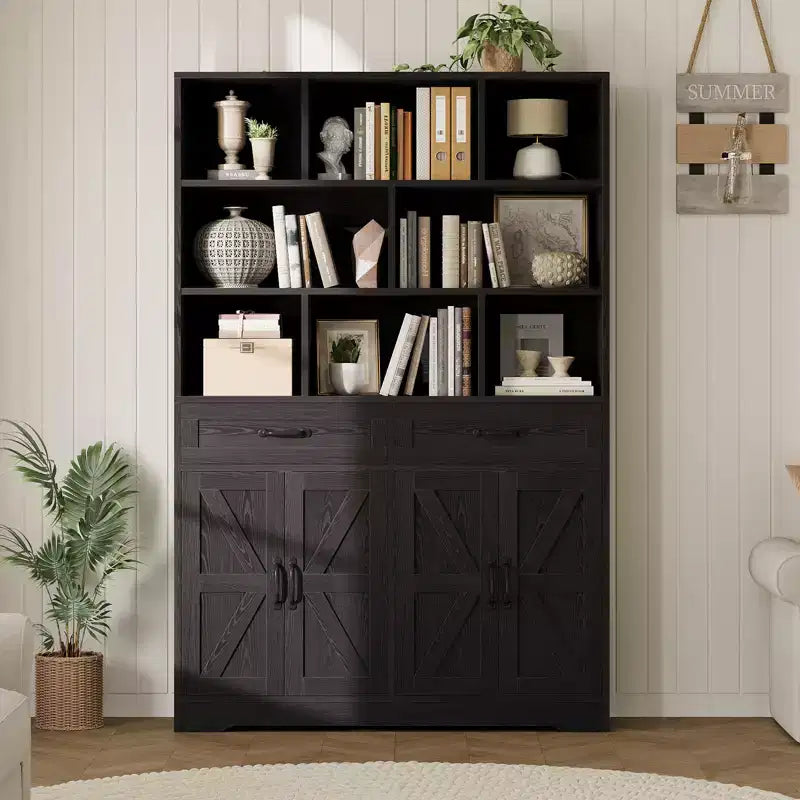 Acekool Étagère 6 Niveaux de 180 cm avec 8 Niches, 2 Tiroirs, 4 Portes pour Salon et Bureau