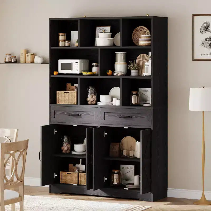 Acekool Étagère 6 Niveaux de 180 cm avec 8 Niches, 2 Tiroirs, 4 Portes pour Salon et Bureau