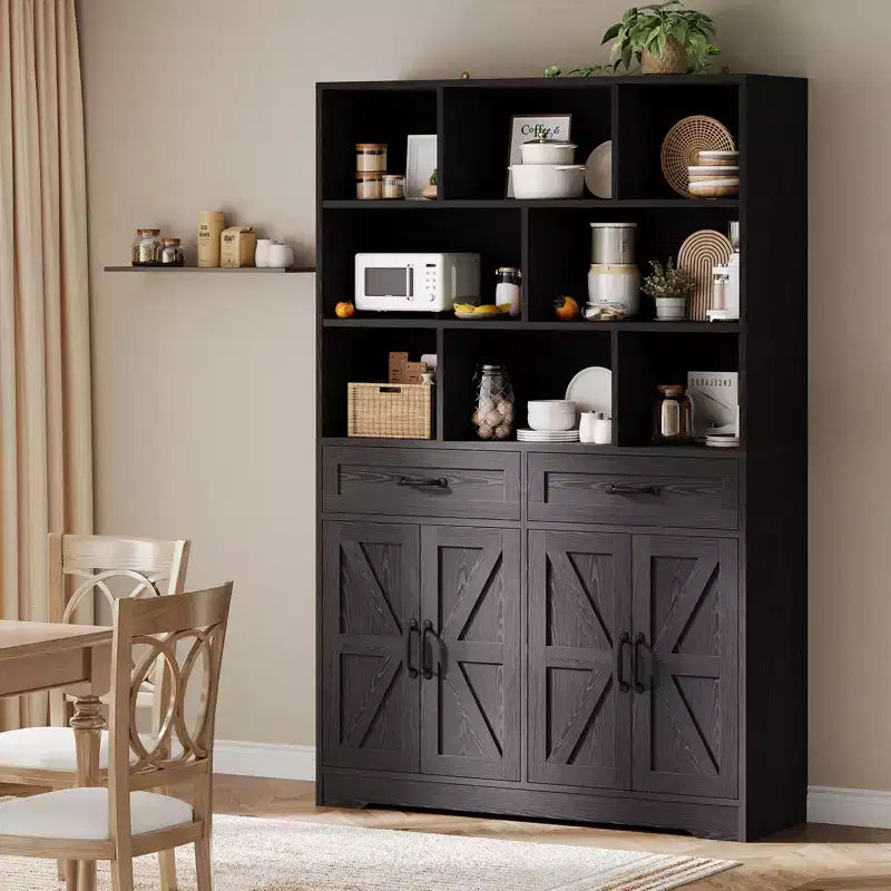 Acekool Étagère 6 Niveaux de 180 cm avec 8 Niches, 2 Tiroirs, 4 Portes pour Salon et Bureau