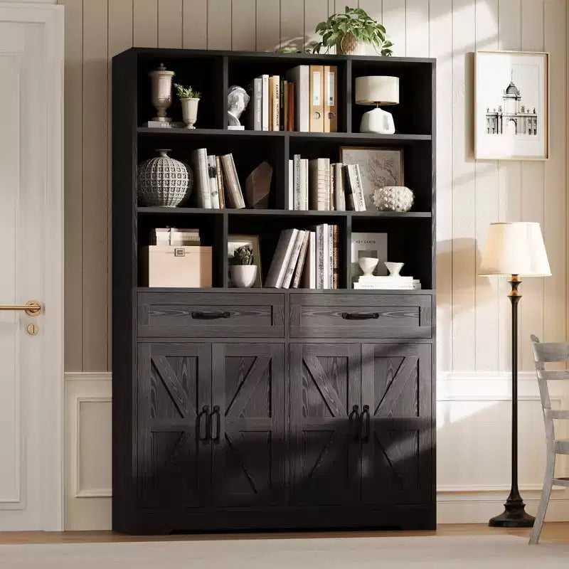 Acekool Étagère 6 Niveaux de 180 cm avec 8 Niches, 2 Tiroirs, 4 Portes pour Salon et Bureau