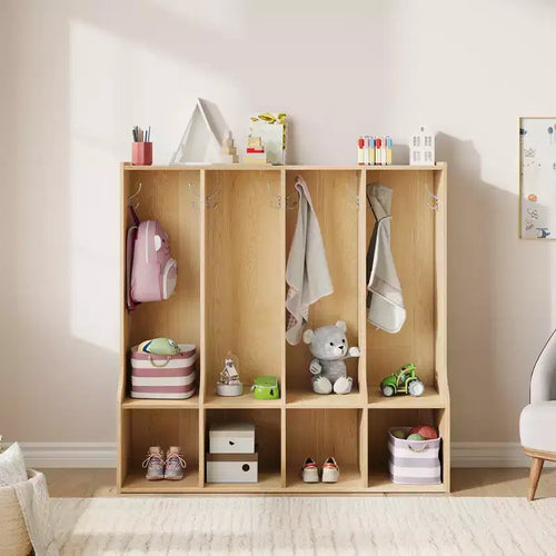 Vestiaire enfant 4 sections Acekool avec 4 casiers et 8 patères pour salle de classe, crèche et maison