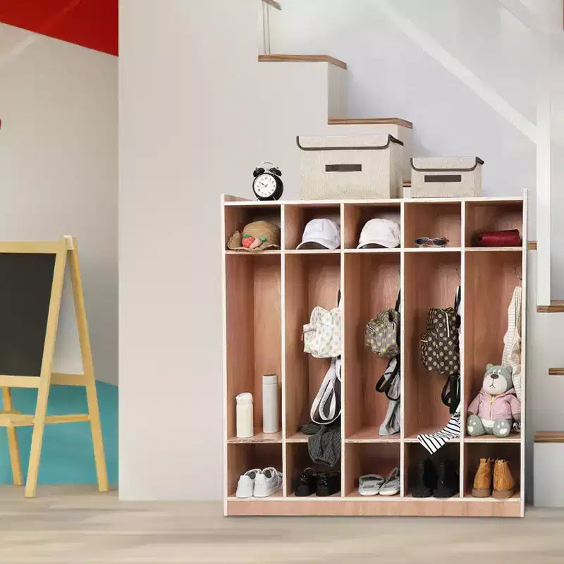 Porte-manteaux en bois à 5 sections Acekool avec casiers et crochets pour salles de classe, crèches et entrées