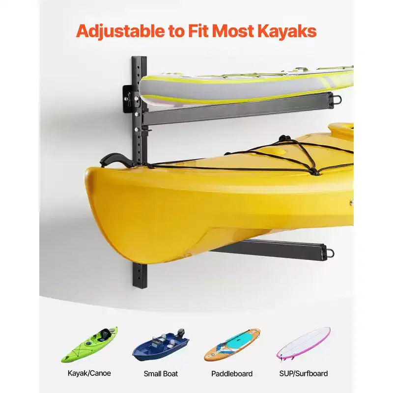 Porte-kayaks VEVOR pour 2 kayaks, capacité de 90 kg, support mural réglable robuste pour garage intérieur/extérieur, abri de jardin, quai, noir