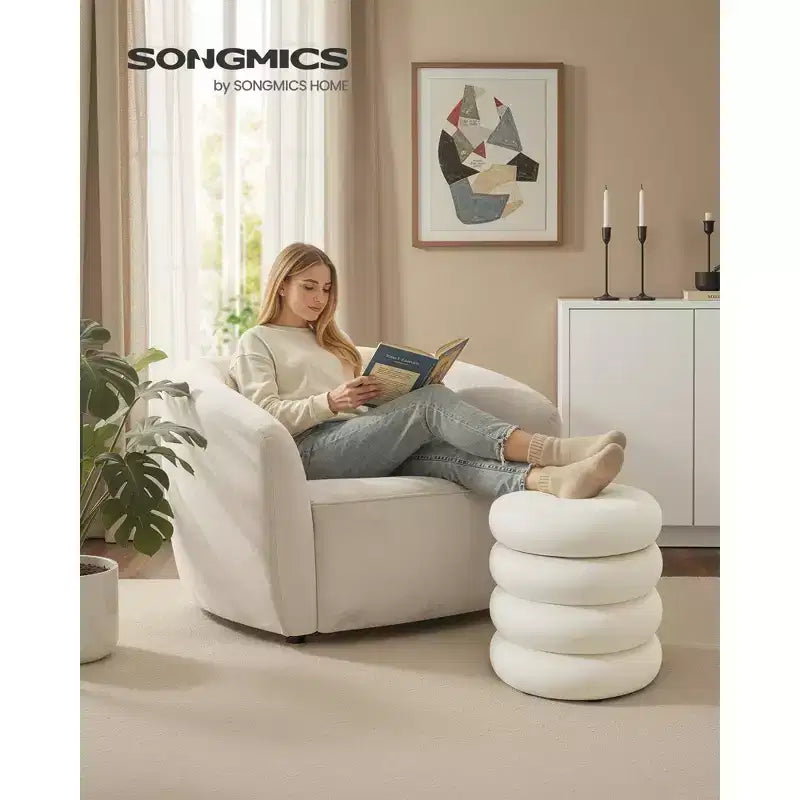 SONGMICS Tabouret de Coiffeuse, Pouf Rond avec Rangement, Tabouret Rembourré, Couvercle Amovible, Montage Facile, Tissu Velours, Blanc Crème