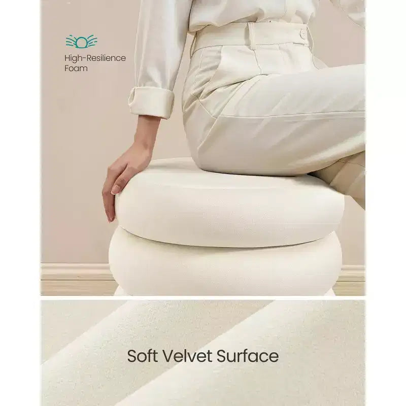 SONGMICS Tabouret de Coiffeuse, Pouf Rond avec Rangement, Tabouret Rembourré, Couvercle Amovible, Montage Facile, Tissu Velours, Blanc Crème