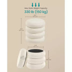 SONGMICS Tabouret de Coiffeuse, Pouf Rond avec Rangement, Tabouret Rembourré, Couvercle Amovible, Montage Facile, Tissu Velours, Blanc Crème