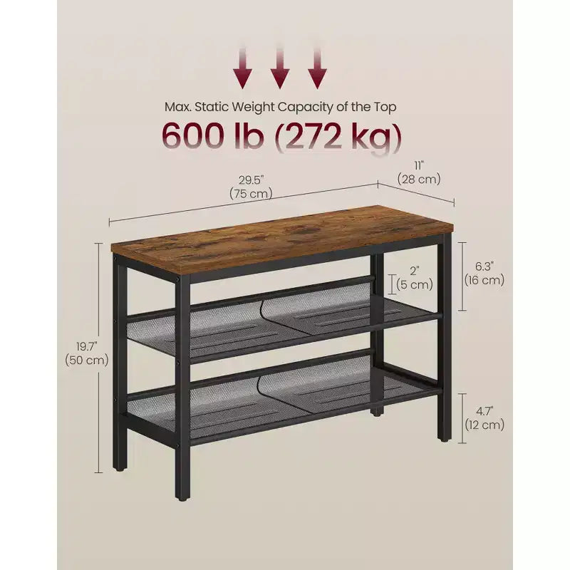 VASAGLE Banc range-chaussures 3 niveaux, Étagères monobloc, Organiseur de rangement de chaussures avec bords surélevés, Industriel, Montage facile, Marron rustique et noir mat